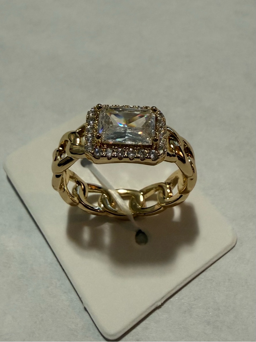 14k Gold Electroplated Chain-Link Ring with Rectangular and Small Cz Stones Ring